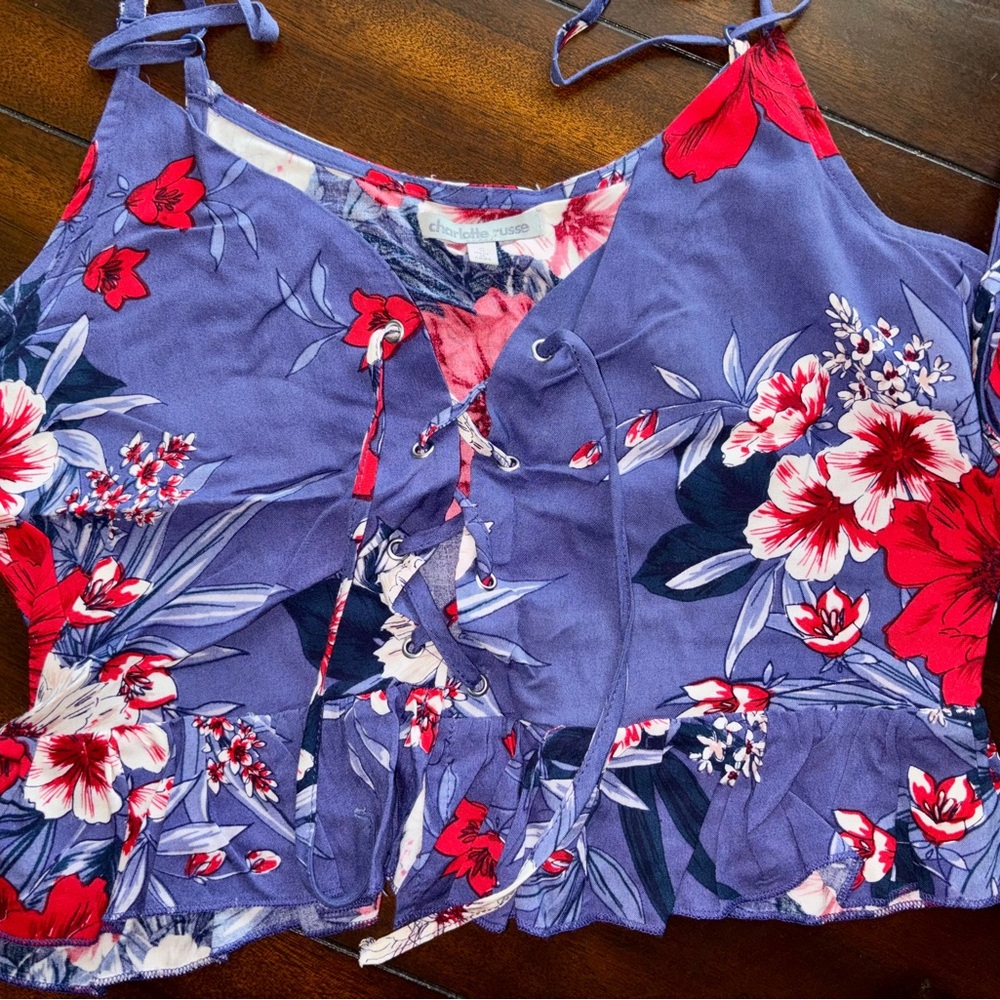 Charlotte Russe Floral Two-Piece Set in Blueish Purple and Red - Picture 2 of 4